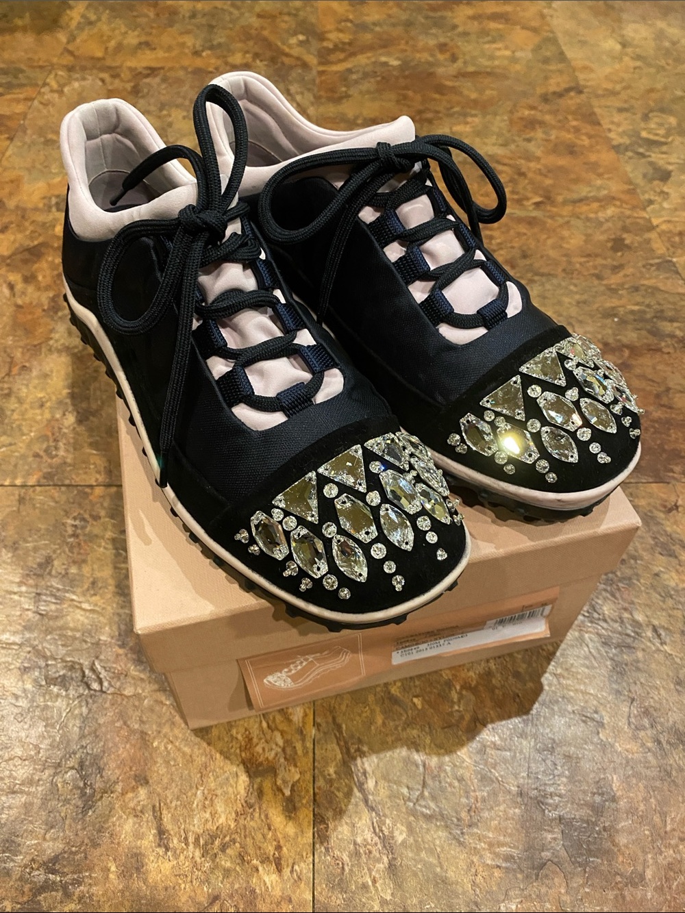 Miu Miu Crystal-Embellished Lace-Up Sneakers
